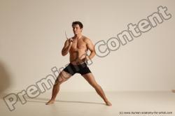 Underwear Fighting with axe Man White Muscular Short Brown Dynamic poses Academic